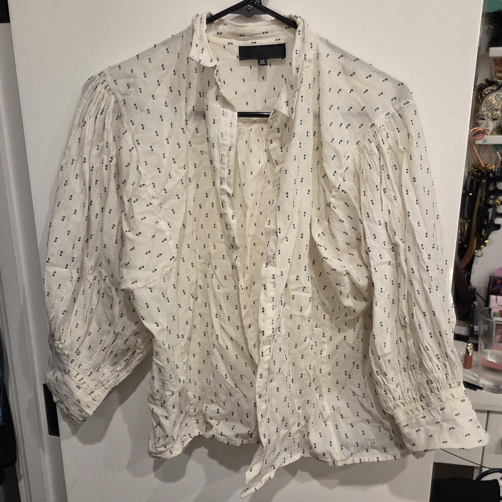 Nili Lotan Cream Blouse with Navy Pattern